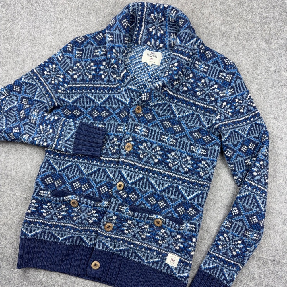Bellfield Sweater Mens Small Blue B Adrian Cardigan Shawl Collar Fair Isle Wool